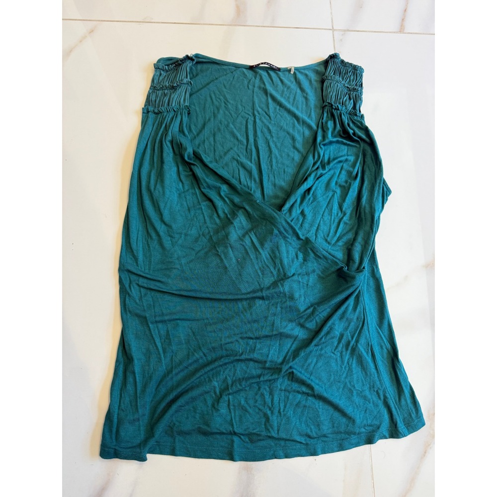 Elie Tahari Teal Green Surplice Wrap Sleeveless Top Smocked Shoulder Women Small